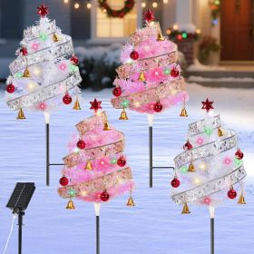 Set of 4 Prelit Pathway Christmas Trees, 33.86" Outdoor Xmas Tree with Twining Ribbons, Red Balls and Bells