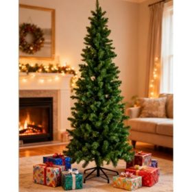 Pencil Christmas Tree, Prelighted Artificial Slim Christmas Trees With 250 Incandescent Lights, 571 Branch Tips & Foldable Base (Option: Green 4.5FT)