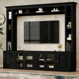 4-Piece Modern Entertainment Center Wall Unit With Bookshelves, All-in-1 Large TV Stand With Tempered Glass Door For TVs Up To 80, 92inch Media C (Option: Black)